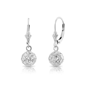 Stunning 14K White Gold Hand Engraved Diamond-Cut Round Ball Dangle Earrings with Secure French Leverbacks.