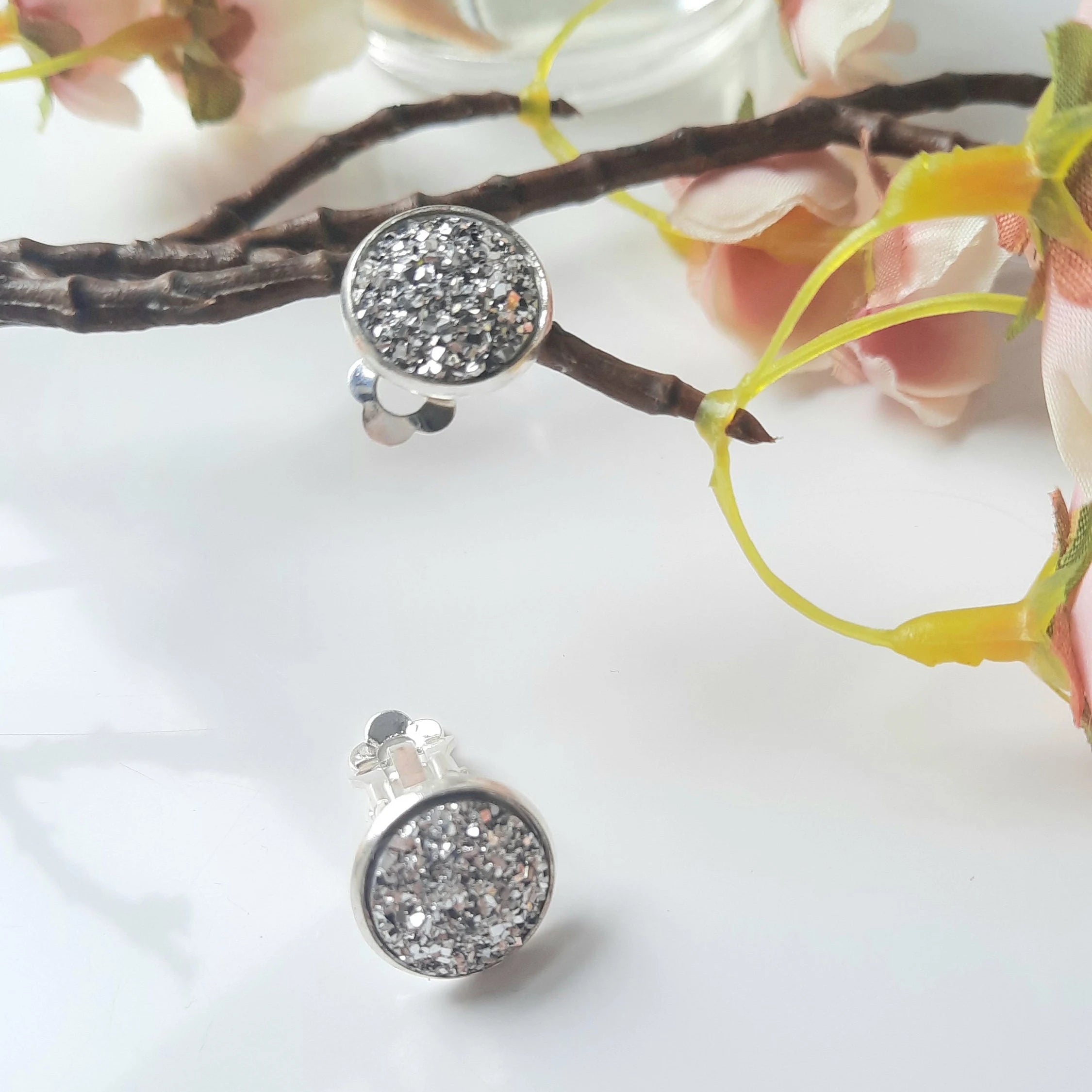 Silver Glitter Clip on Stud Earrings. Stainless Steel 12Mm Studs