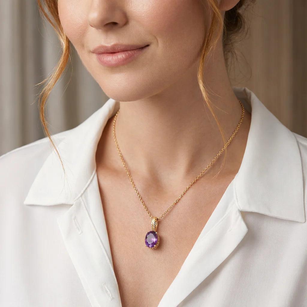 Elegant 14K Yellow Gold Oval Purple Amethyst Pendant Necklace.