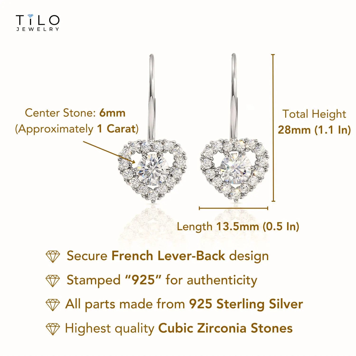 Sterling Silver Heart Halo Earrings, French Lever-Back Design with Sparkling Cubic Zirconia, Statement and Bridal Jewelry