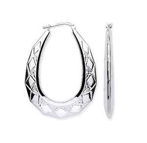 Sterling Silver Hoop Earrings 40X30Mm Oval Engraved U Shape Diamond Pattern Gypsy Victorian Creoles Gift Box