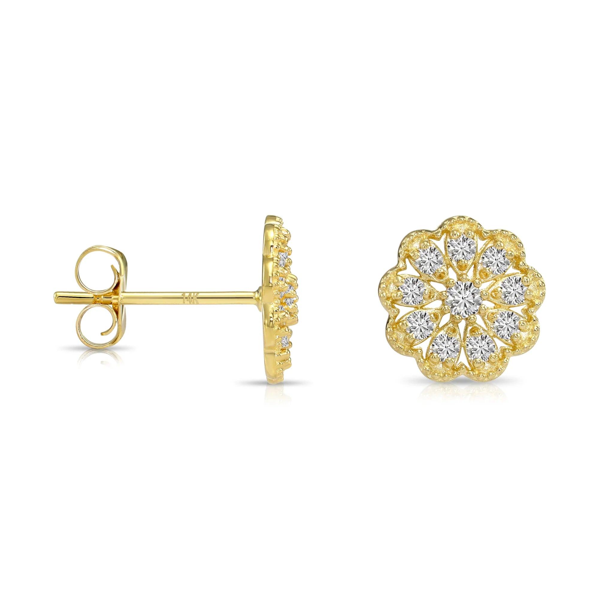 Stunning 14K Gold Lab Diamond Flower Halo Stud Earrings - 0.18Ctw with Secure Pushbacks.