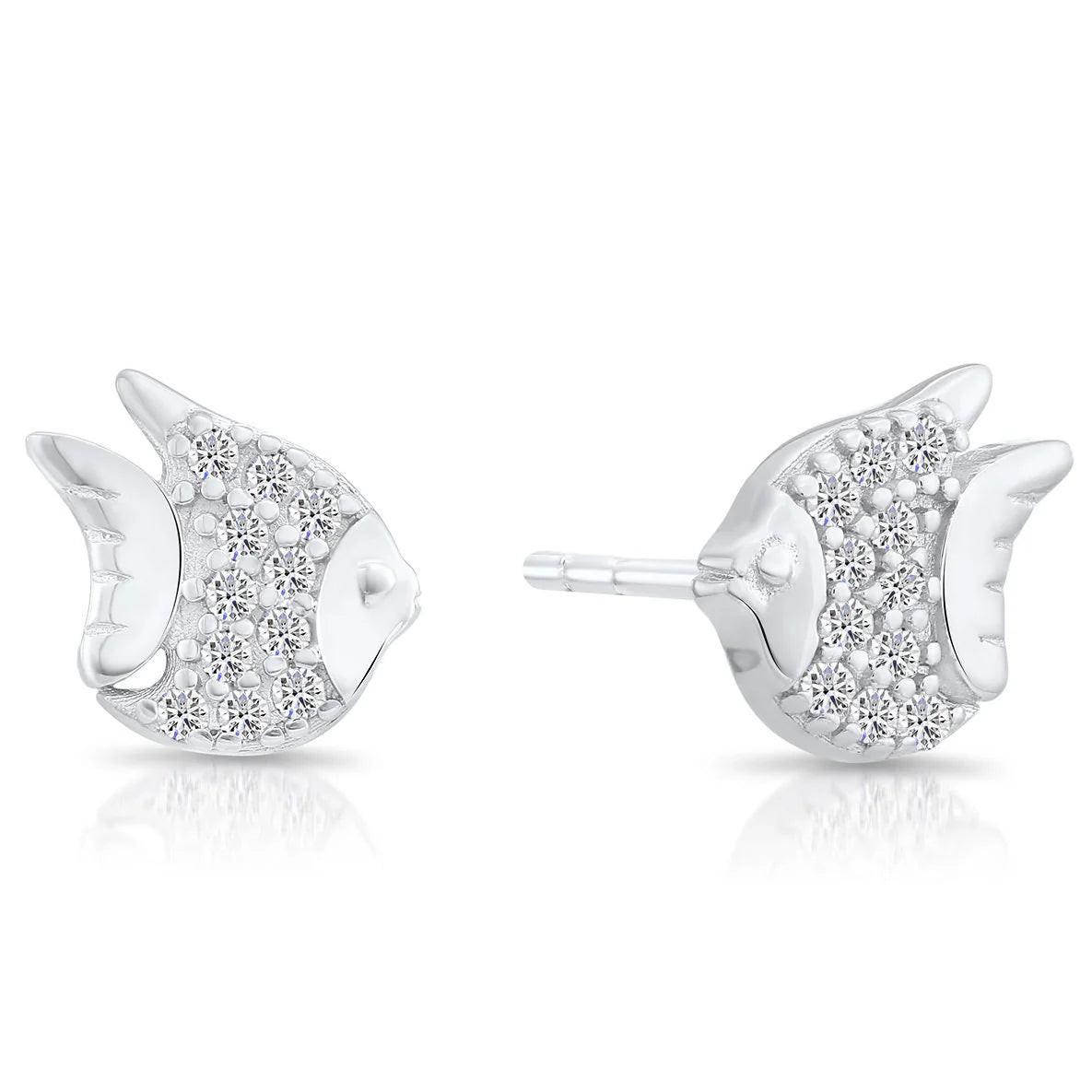 Stunning CZ Angel Fish Sterling Silver Stud Earrings.