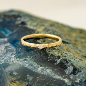 2 Mm Hammered Textured Ring, Single Diamond Ring, 14K / 18K Yellow Gold, Stack Diamond Band, Tiny Diamond Ring, Wedding Band, Promise Ring