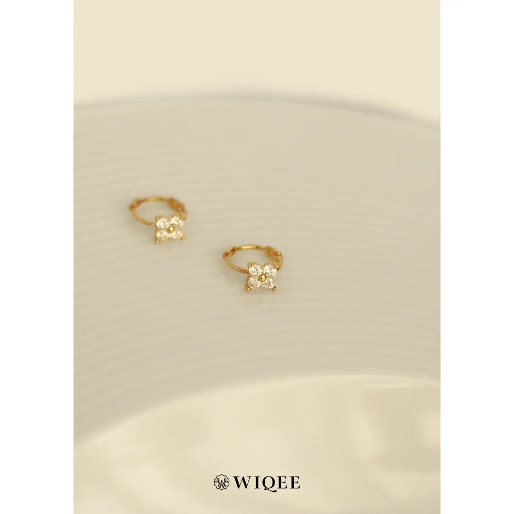 9K Solid Gold Flower Hoop Earrings, CZ Diamond Huggie Earrings