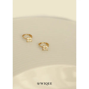 9K Solid Gold Flower Hoop Earrings, CZ Diamond Huggie Earrings