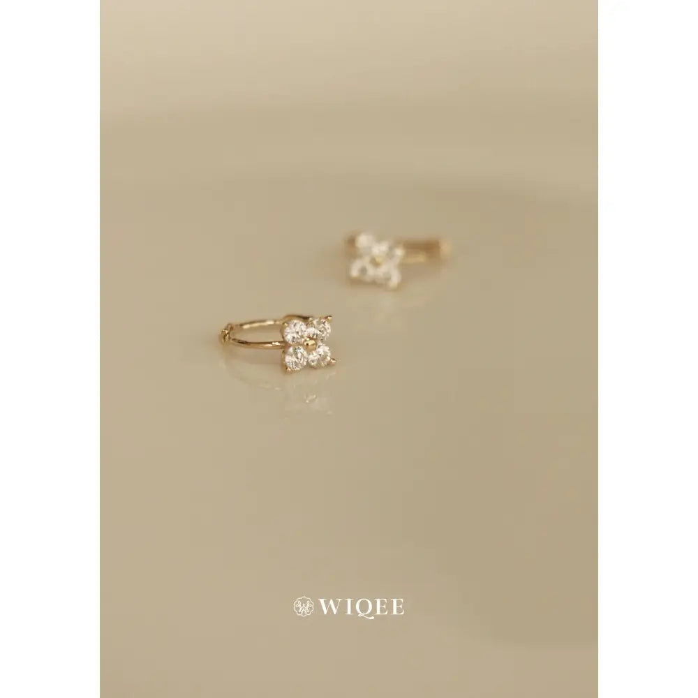 9K Solid Gold Flower Hoop Earrings, CZ Diamond Huggie Earrings