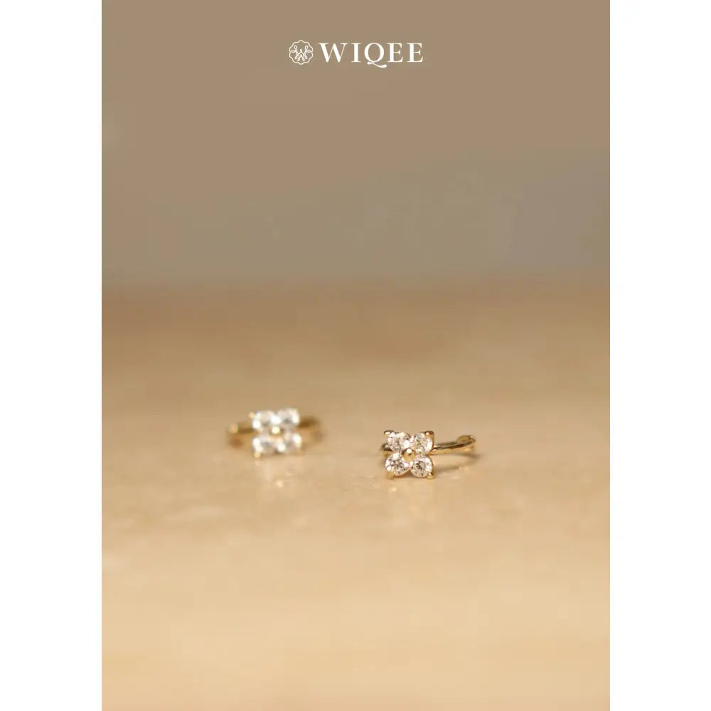 9K Solid Gold Flower Hoop Earrings, CZ Diamond Huggie Earrings