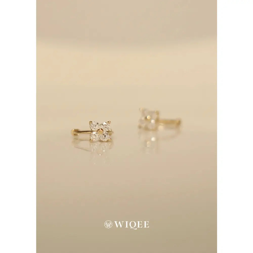 9K Solid Gold Flower Hoop Earrings, CZ Diamond Huggie Earrings