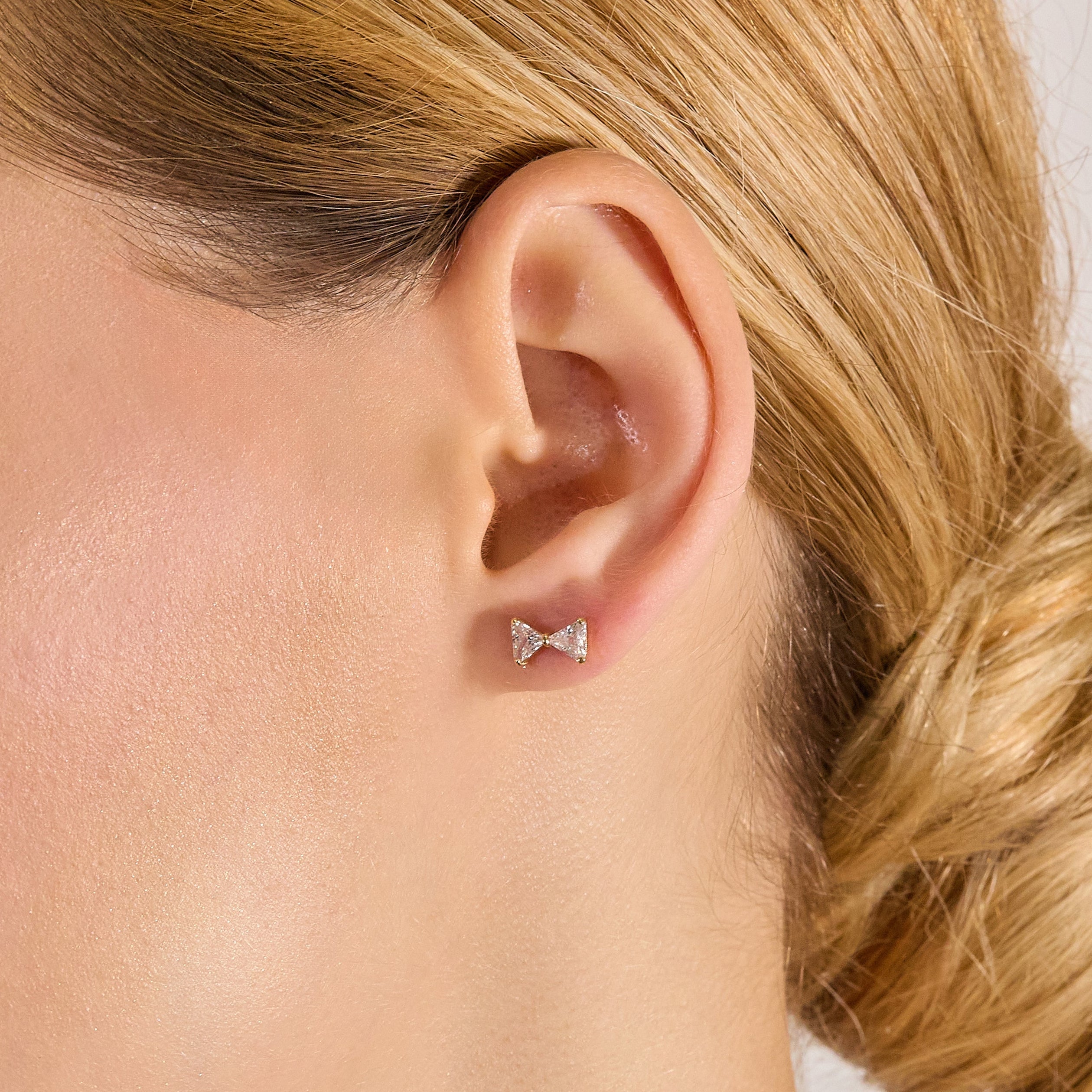 14K Solid Yellow Gold Triangle CZ Ribbon Bow Studs, Screwback