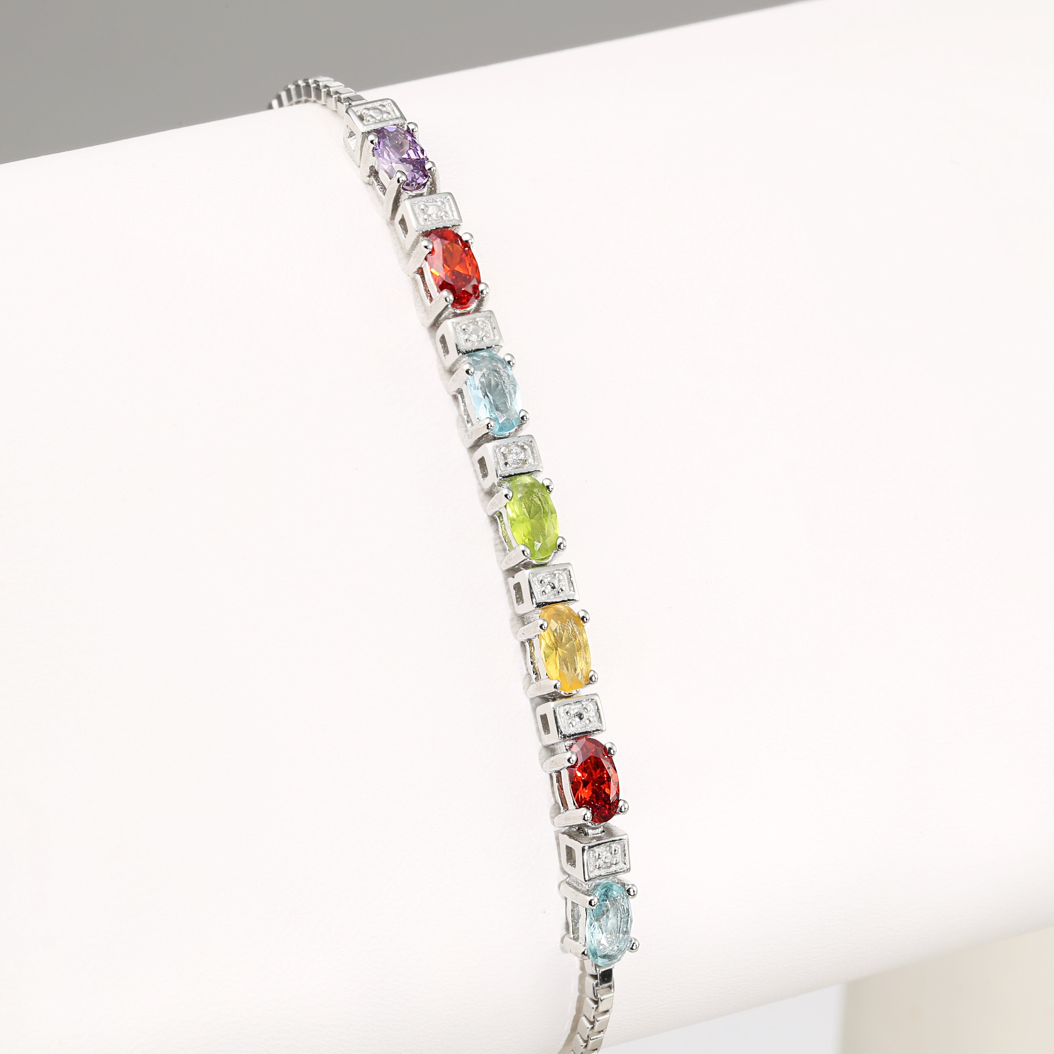 Sterling Silver Multicolor Rainbow CZ Bracelet, Adjustable Length