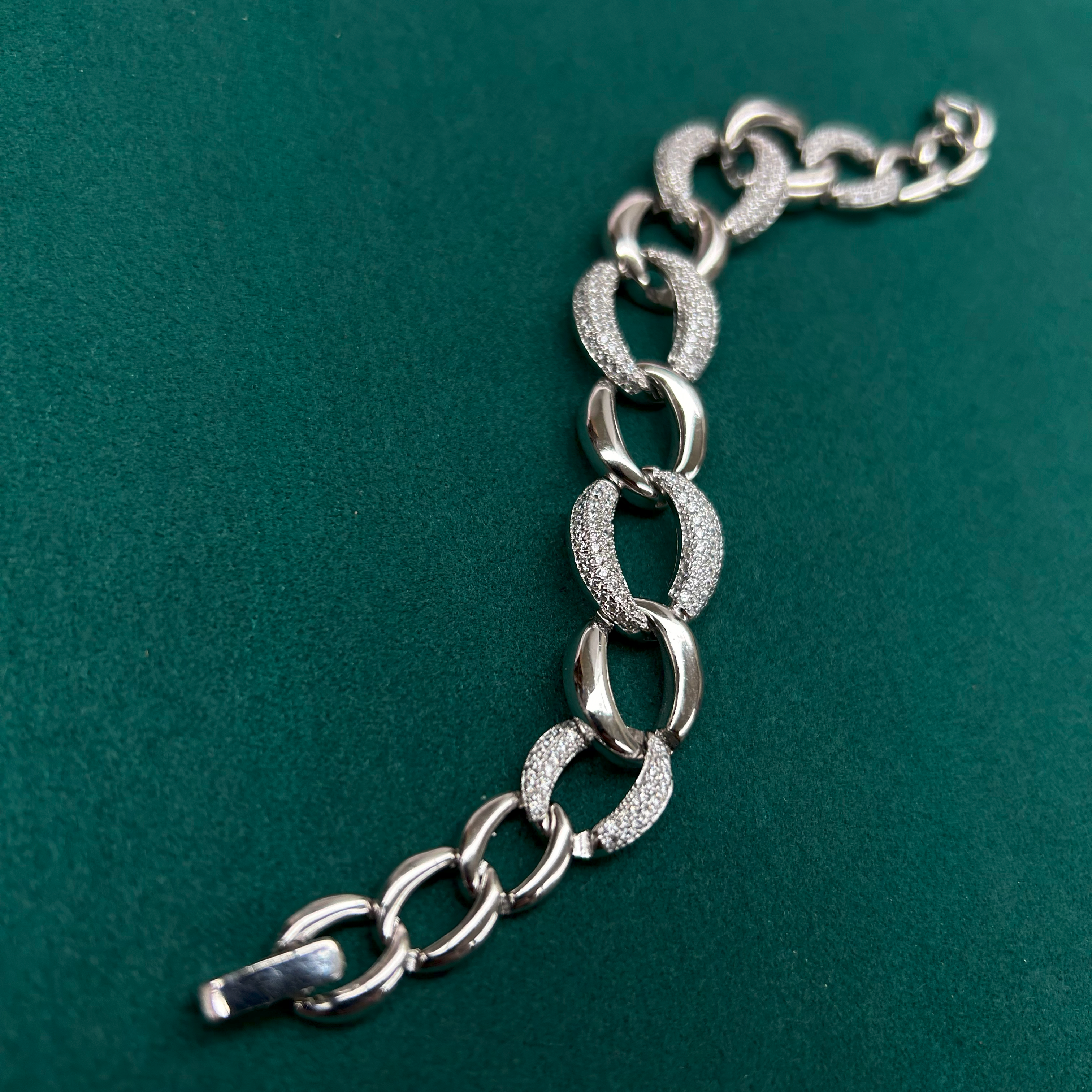 Solid 925 Sterling Silver Cuban Link Bracelet, Set with Pave Brilliant CZ Stones, 7 Inch
