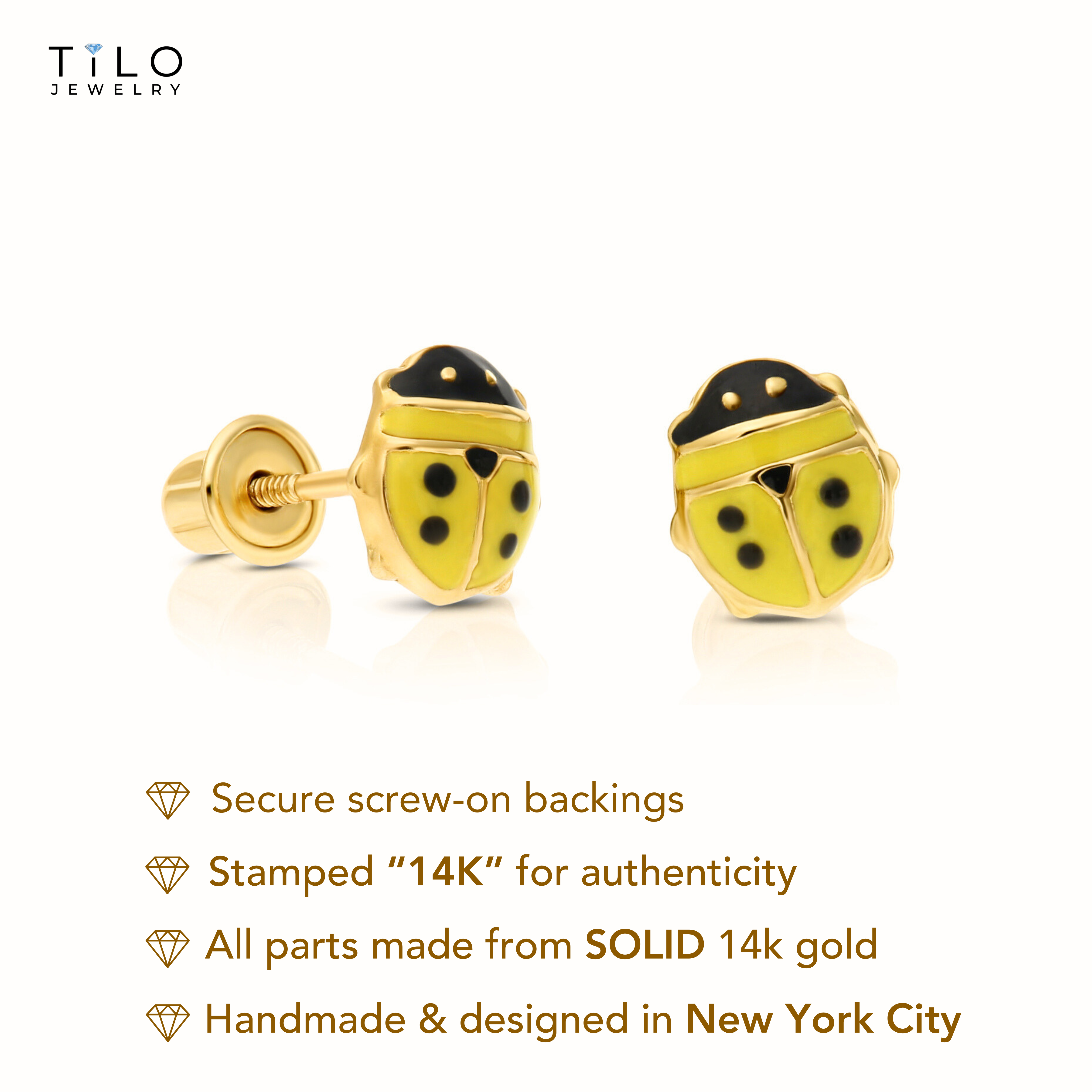 14K Yellow Gold Small Yellow Ladybug Stud Earrings