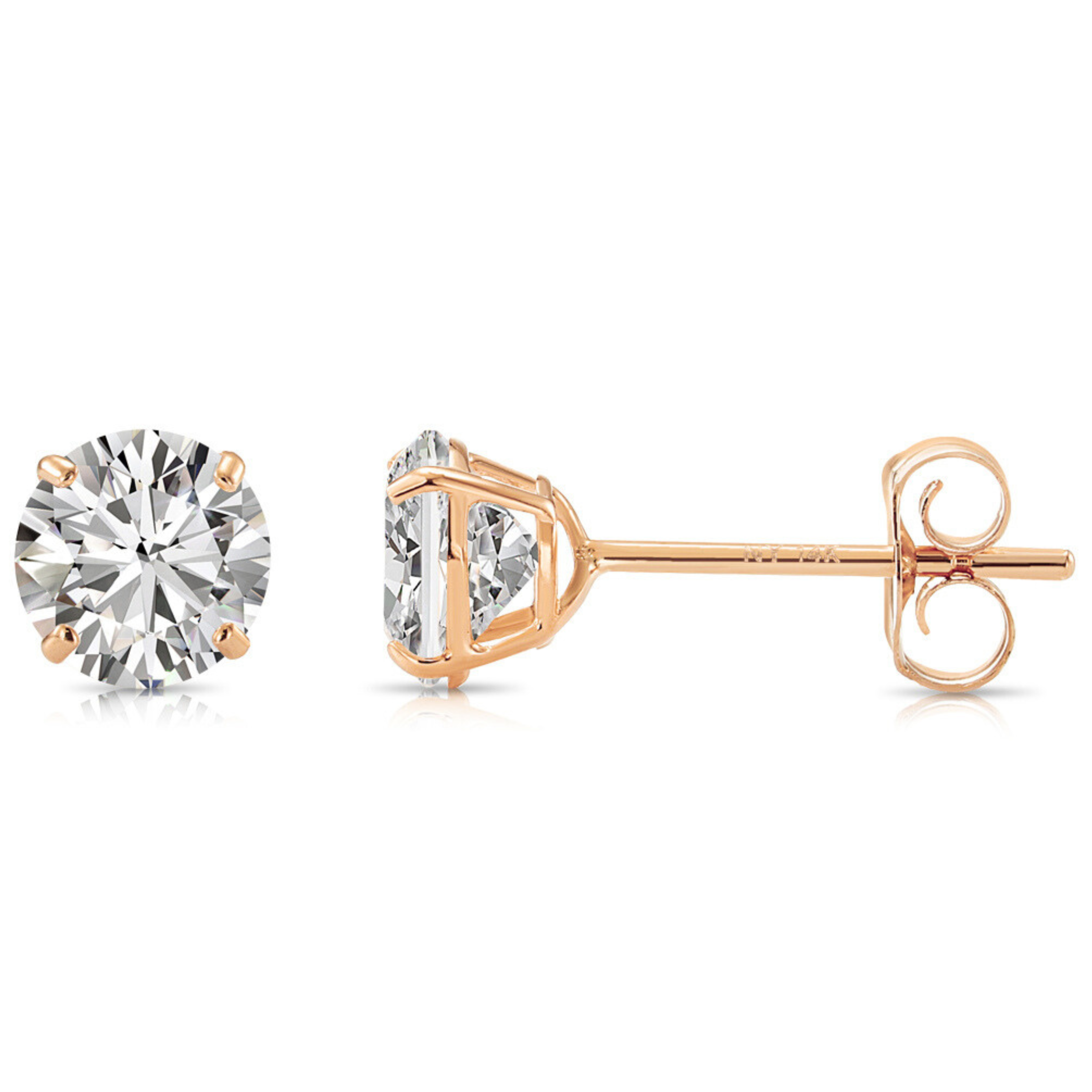 14K Rose Gold Zirconia Solitaire Stud Earrings, Pushback