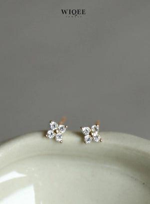 Radiant 14K Solid Gold Dainty Four-Leaf Clover Stud Earrings for Good Luck.