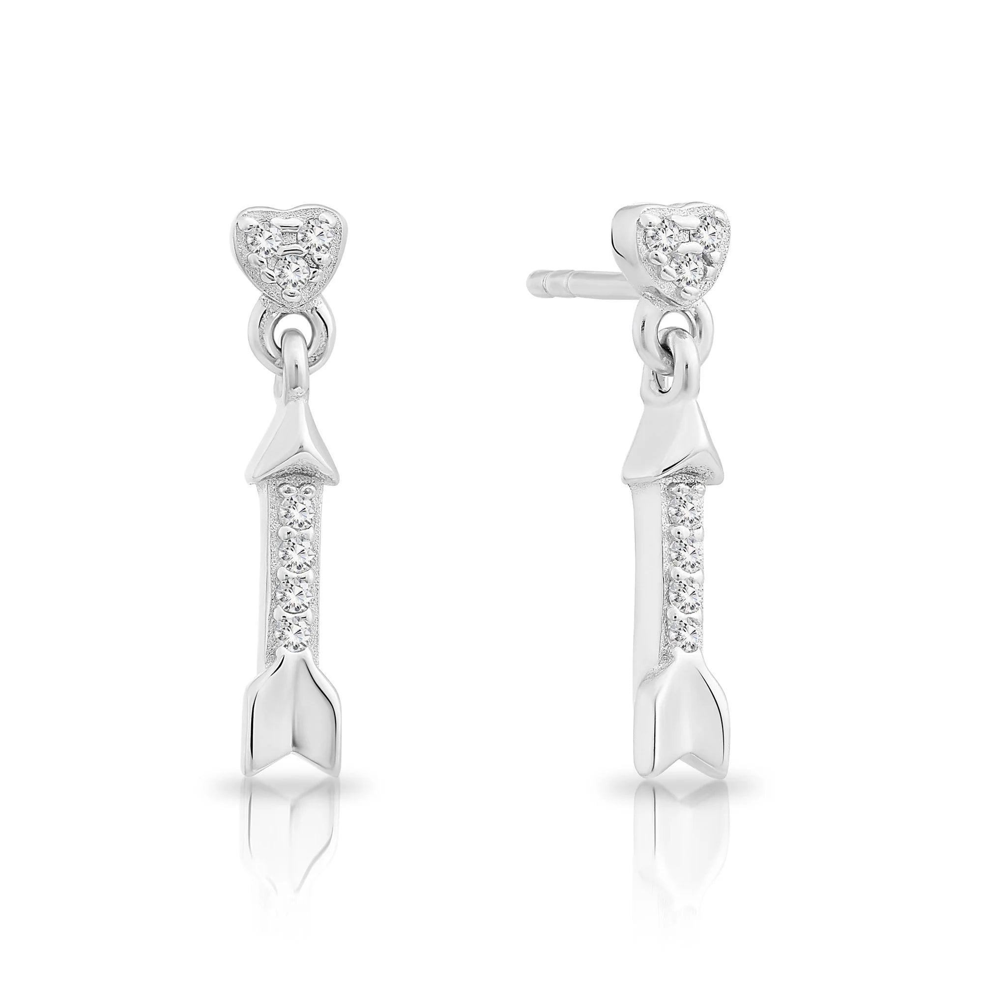 Sterling Silver CZ Cupid's Arrow Dangle Earrings - Elegant & Dazzling.