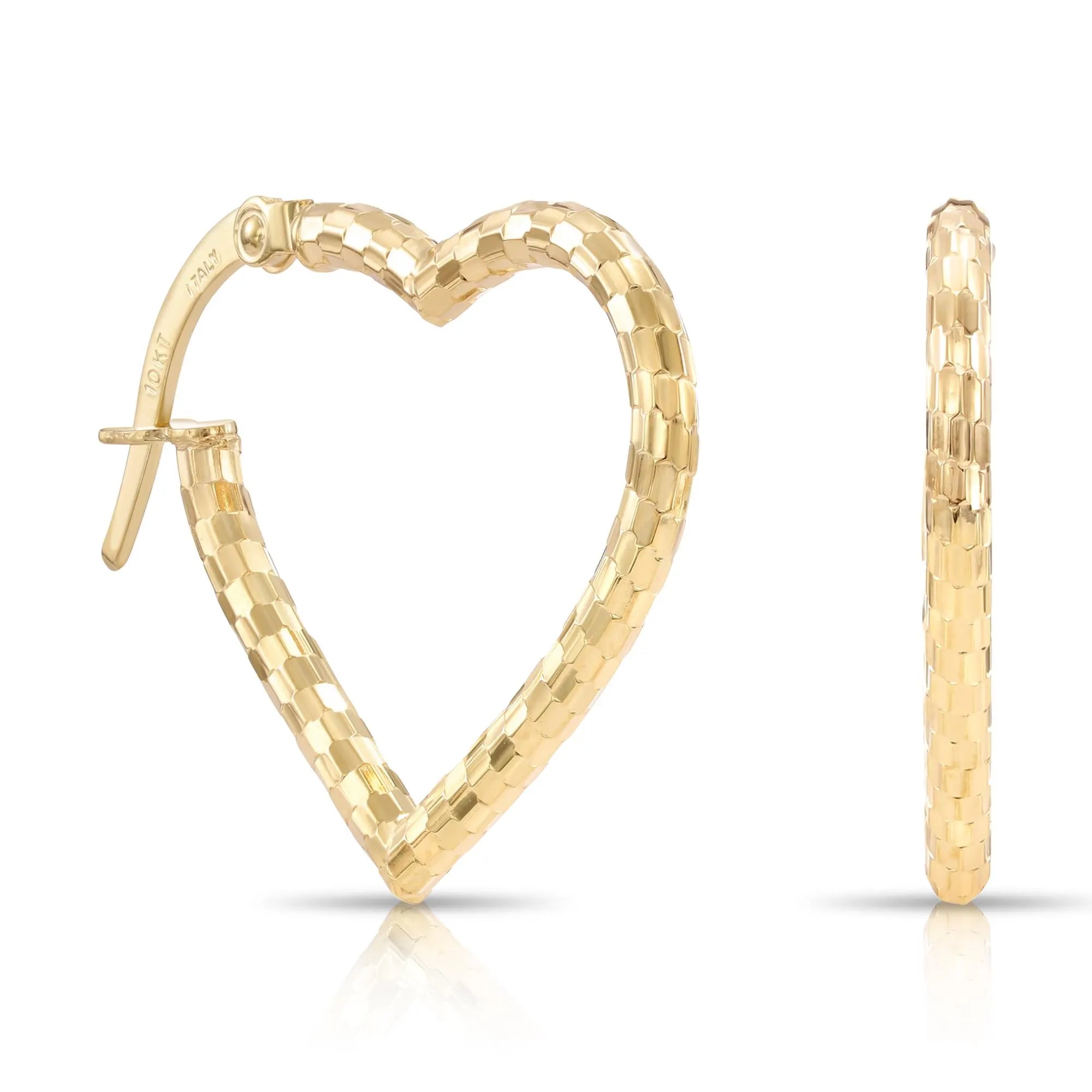 Solid 10K Yellow Gold Heart Shape Hoop Earrings, with Secure Lever Backs, Diamond-Cut Pattern, Italian Style Design, Made in Italy