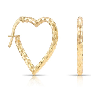 Solid 10K Yellow Gold Heart Shape Hoop Earrings, with Secure Lever Backs, Diamond-Cut Pattern, Italian Style Design, Made in Italy