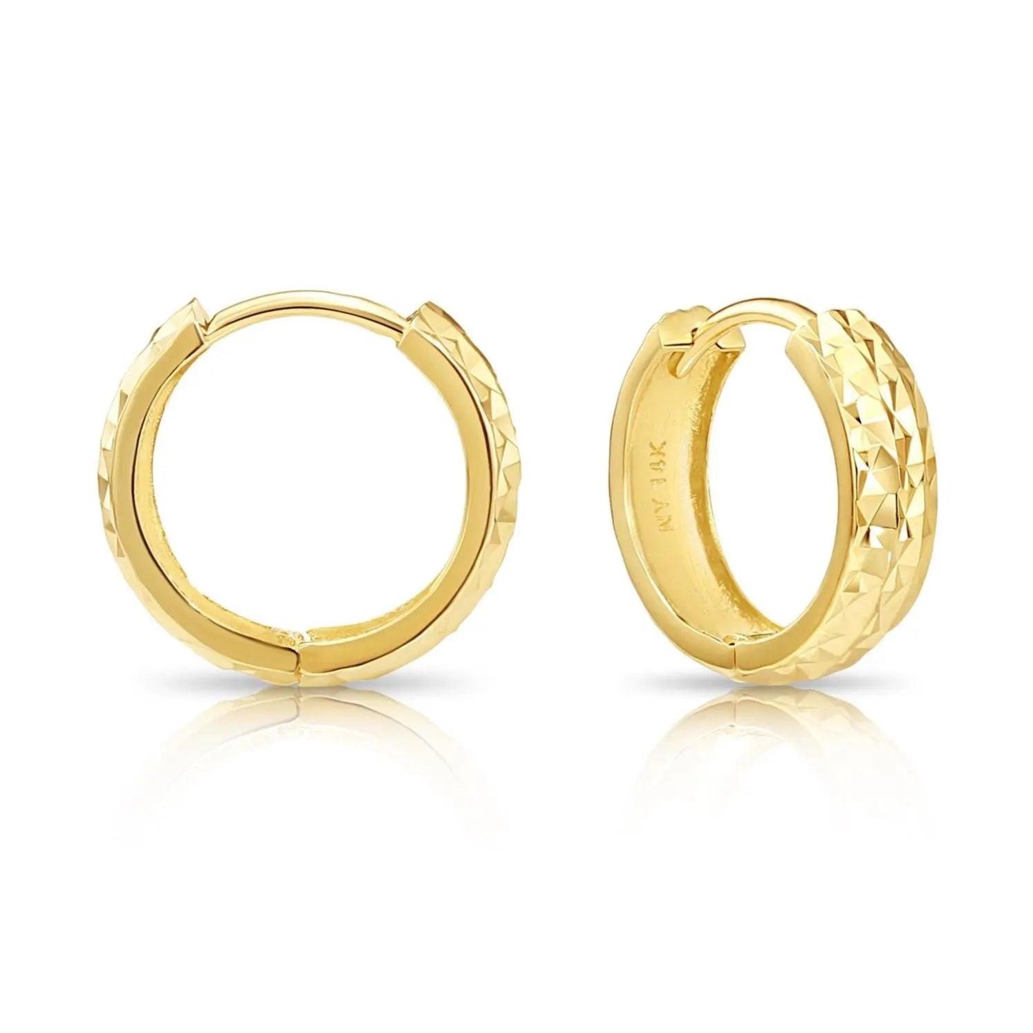 Dainty Handmade 14K Yellow Gold Hand-Engraved Huggie Earrings - 13mm (0.5 Inch).