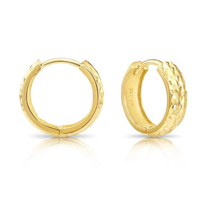 Dainty Handmade 14K Yellow Gold Hand-Engraved Huggie Earrings - 13mm (0.5 Inch).