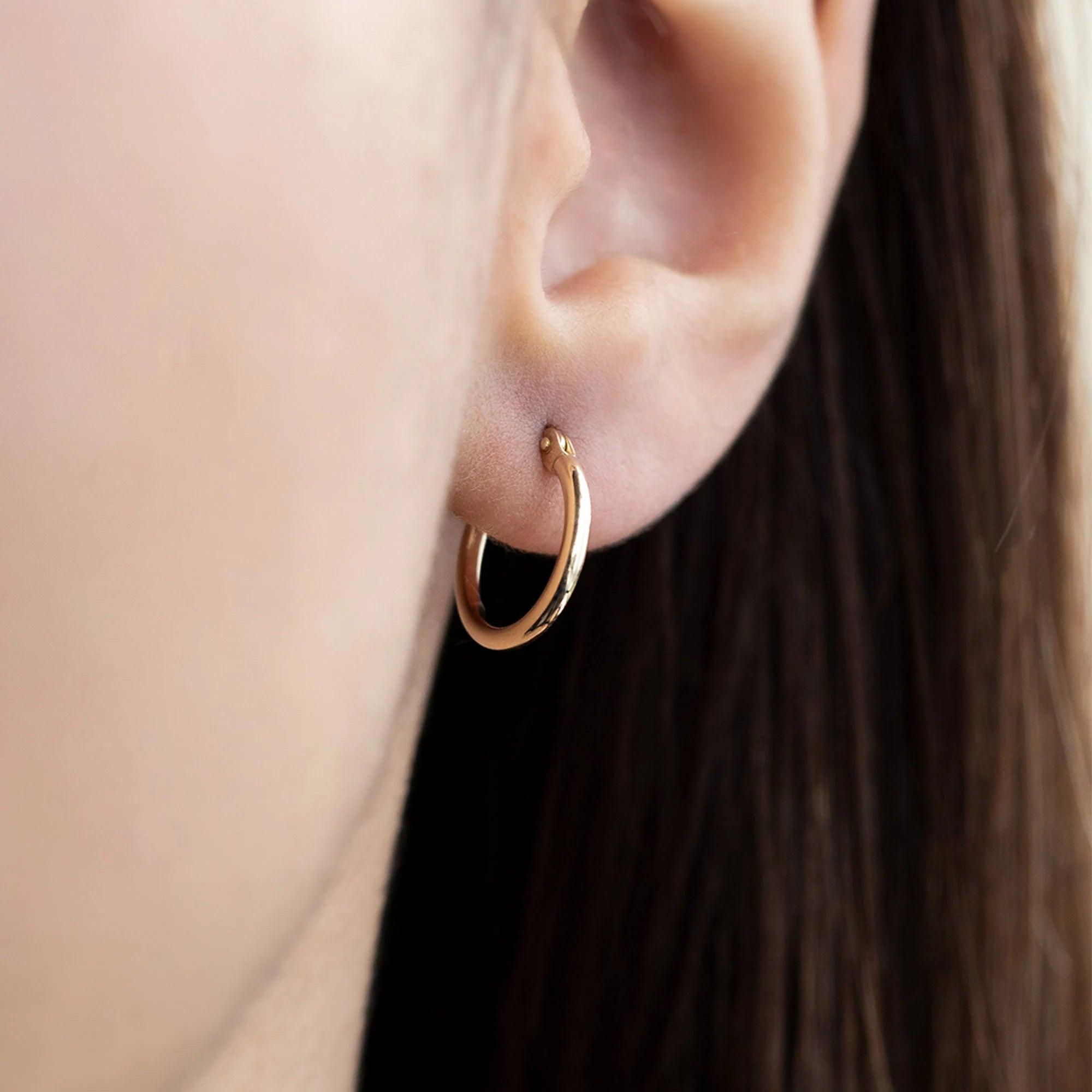 Elegant 14K Solid Gold Hoop Earrings - Classic Thickness, Available in Multiple Sizes (13mm, 18mm, 23mm, 32mm).