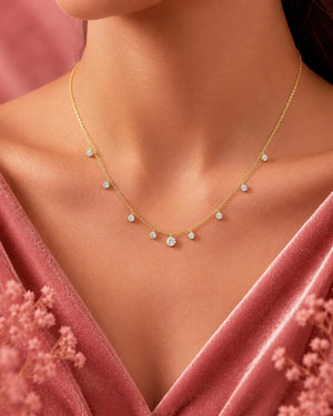 18K Solid Gold Diamond Station Necklace, Dainty Dangling Diamond Necklace, Minimal Drop Necklace, Everyday Wear Fine Jewelry Gift for Women.