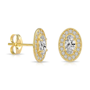 14K Yellow Gold Oval CZ Halo Stud Earrings