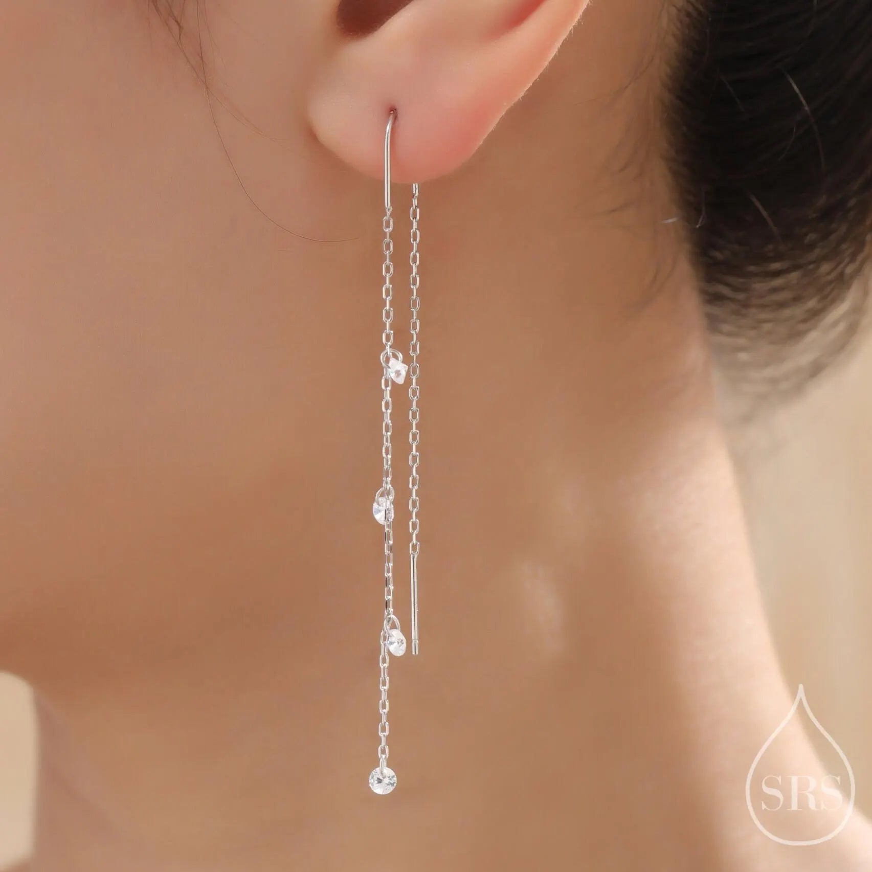 CZ Cascade Drop U Threader Earrings in Sterling Silver, Silver or Gold or Rose Gold, Geometric CZ Dangle Drop Earrings, CZ Long Drop Earring