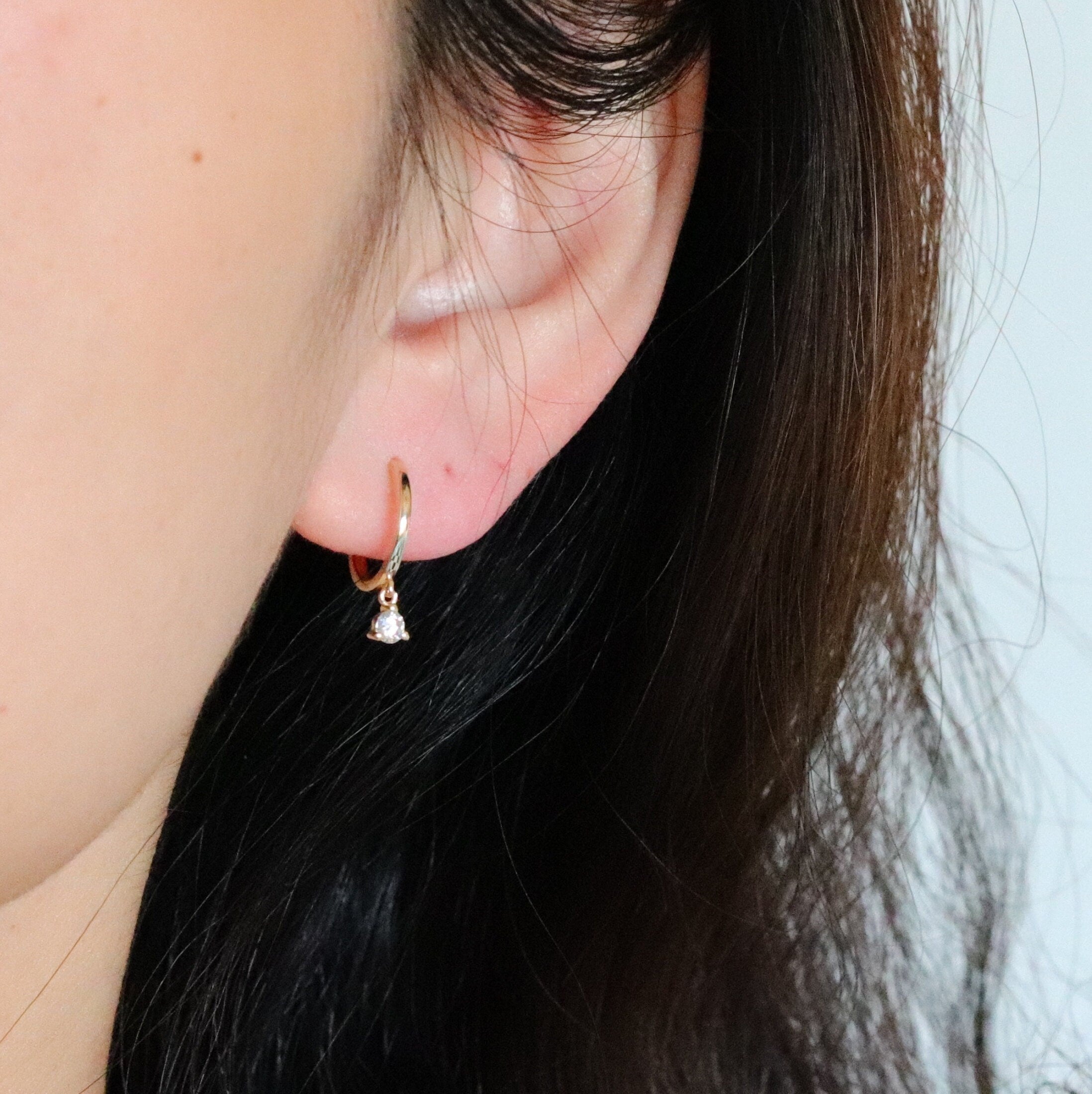 Solid Gold Moissanite Drop Huggie Hoops: Dainty Sleeper Earrings