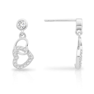 Sparkling CZ Double Heart Dangle Stud Earrings in Elegant Sterling Silver.
