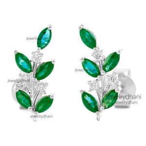 Emerald Leaf Climber Earrings: 18K Gold Diamond Cuff, Handmade