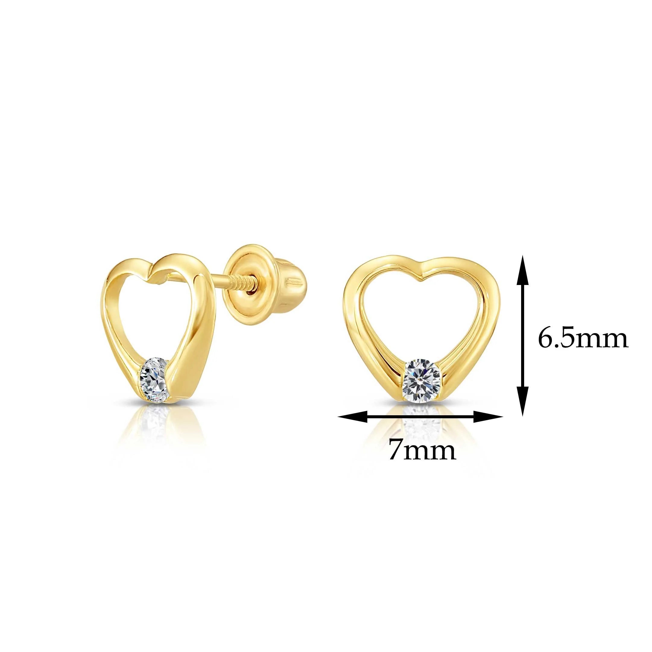 10K Yellow Gold Solitaire Heart Screwback Stud Earrings