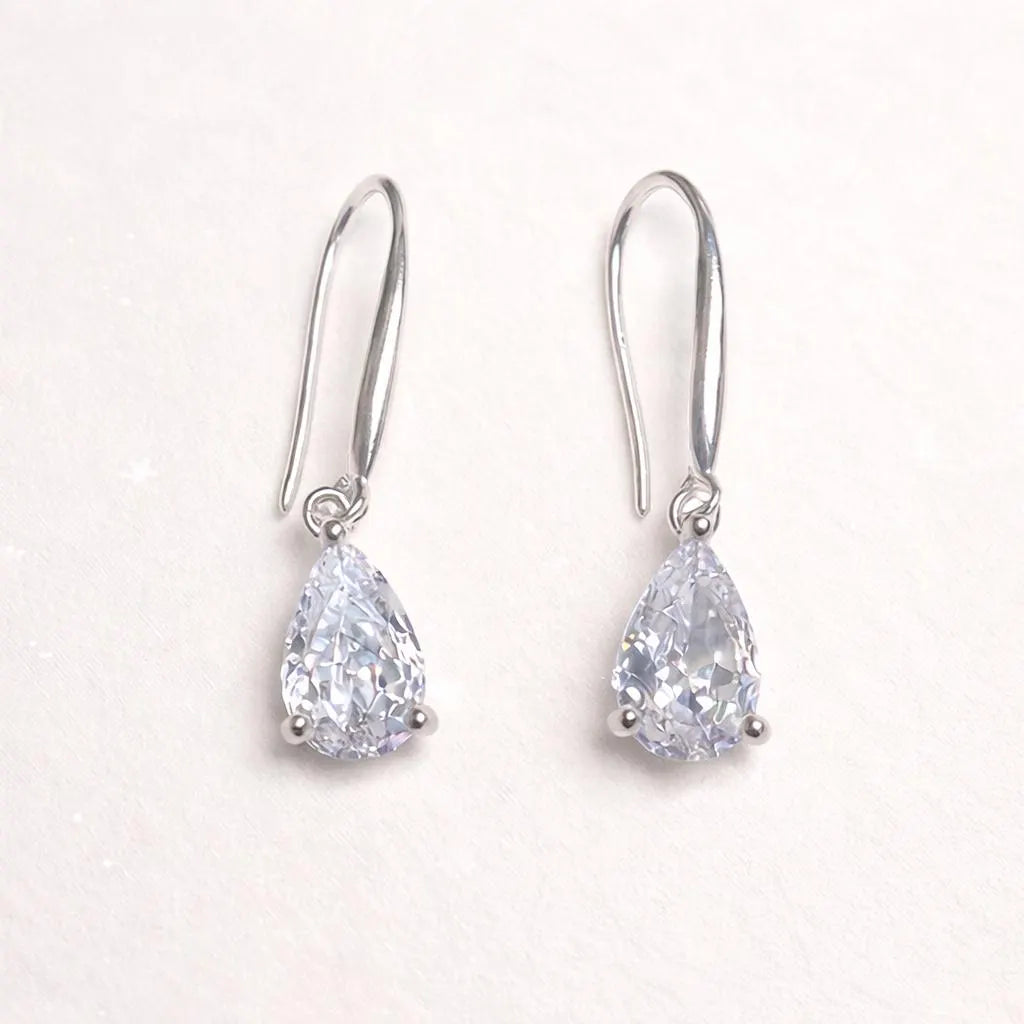 Teardrop Crystal Earrings: Sterling Silver Hooks, CZ Diamond Simulation