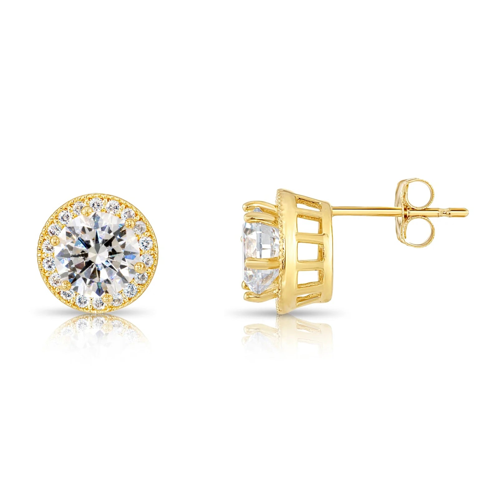 10K Yellow Gold Solitaire Halo Pushback Stud Earrings