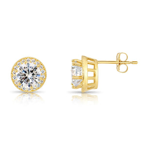 10K Yellow Gold Solitaire Halo Pushback Stud Earrings