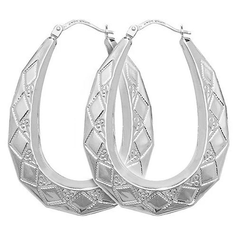 Sterling Silver Hoop Earrings 40X30Mm Oval Engraved U Shape Diamond Pattern Gypsy Victorian Creoles Gift Box