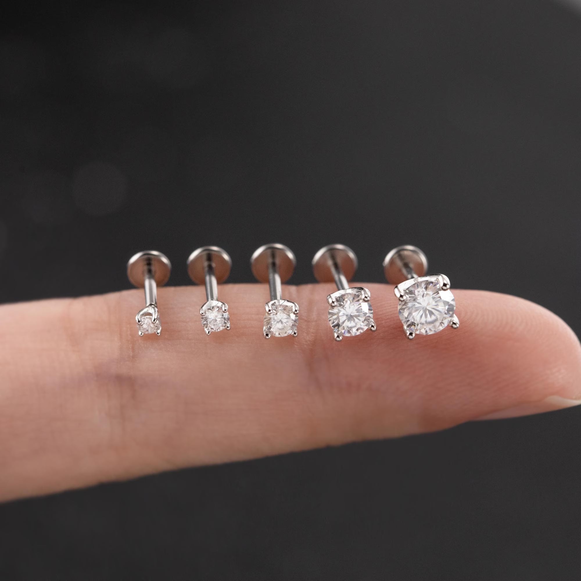 Moissanite Sterling Silver Labret, 18G Flat Back Stud