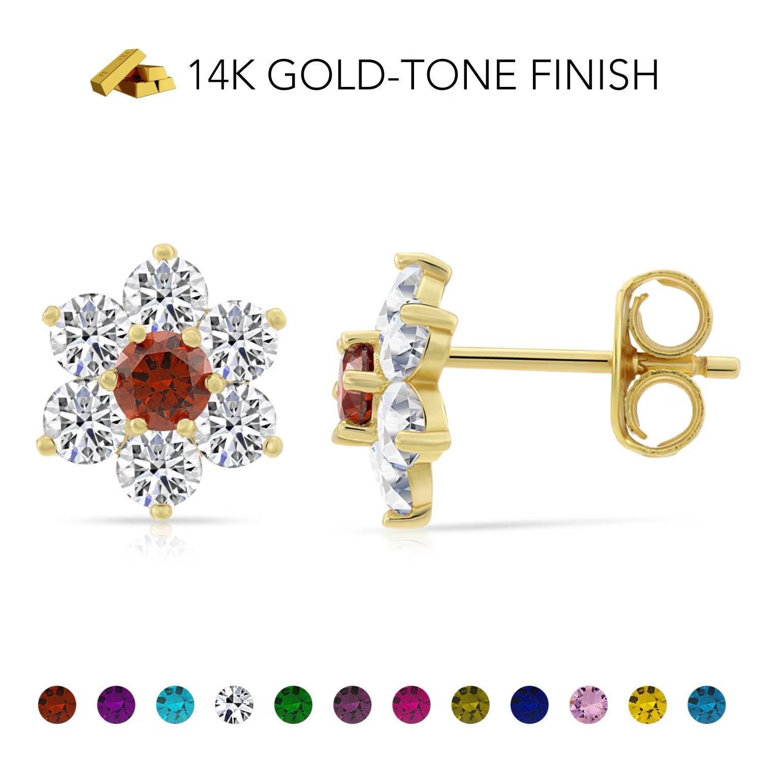 Elegant Flower Gemstone Stud Earrings in Sterling Silver - Stunning Simulated Birthstone CZ Jewelry for Women & Girls, Available in 12 Vibrant Colors.