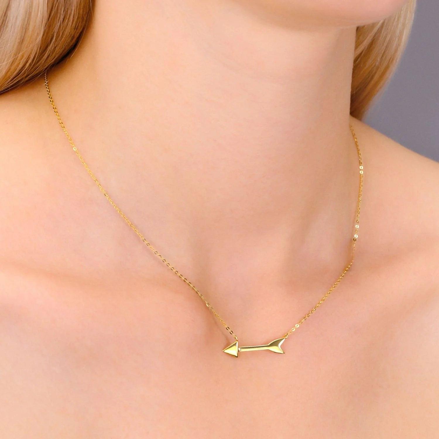 Elegant 14K Solid Yellow Gold Adjustable Arrow Pendant Necklace - Perfect 16"-18" Length.