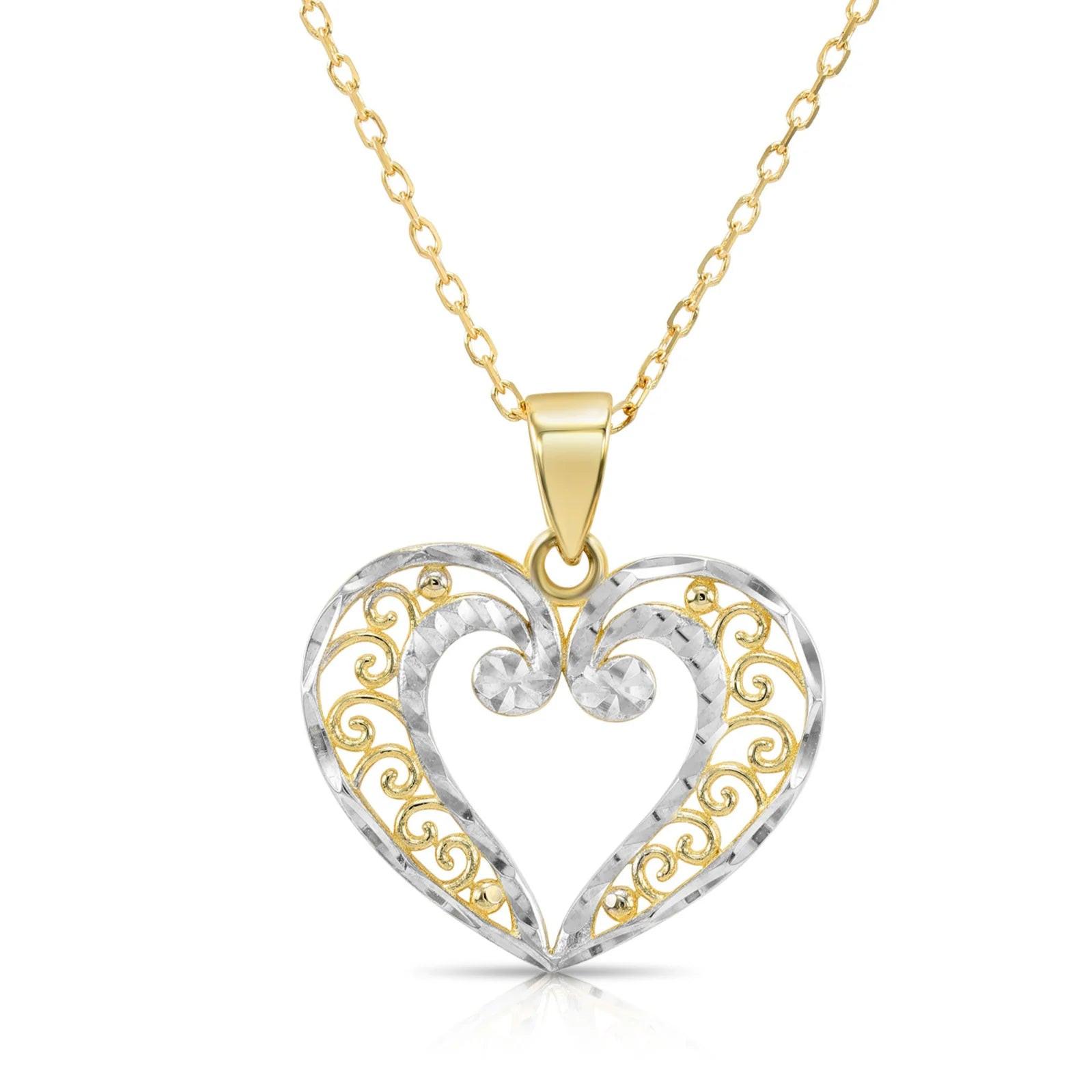 Stunning 14K Two-Tone Gold Heart Pendant Necklace with 18" Cable Chain.