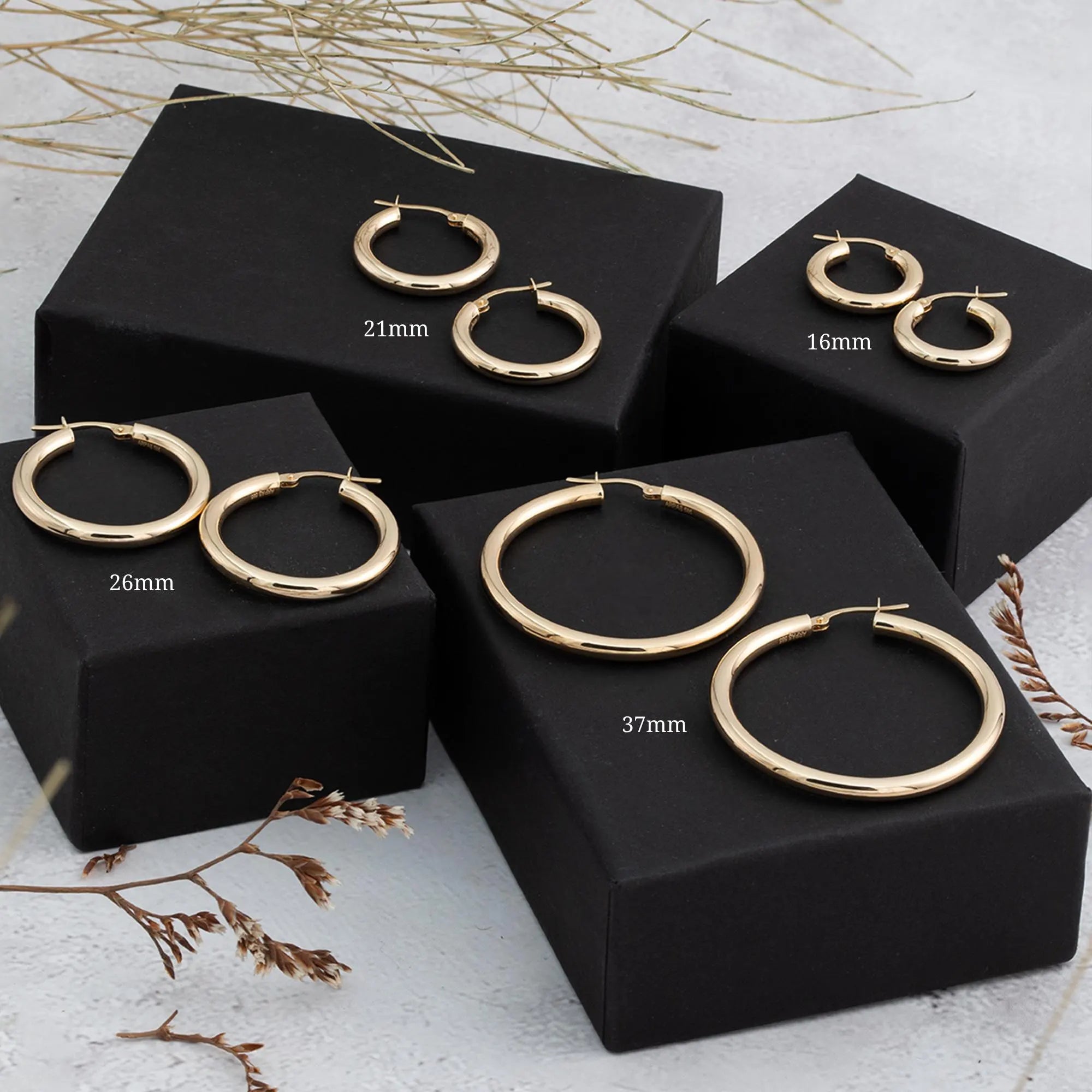 14K Yellow Gold Hoop Earrings, Sizes 16Mm 21Mm 26Mm 31Mm 37Mm, 3Mm Thick, Classic Hoop Earrings, 14K Gold Hoops, Gift, Stacking Earrings