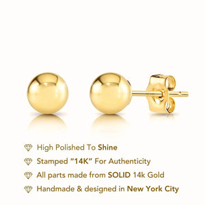 Elevate Your Style with 14K Yellow Gold Unisex Ball Stud Sleeper Earrings - Multiple Sizes Available!.