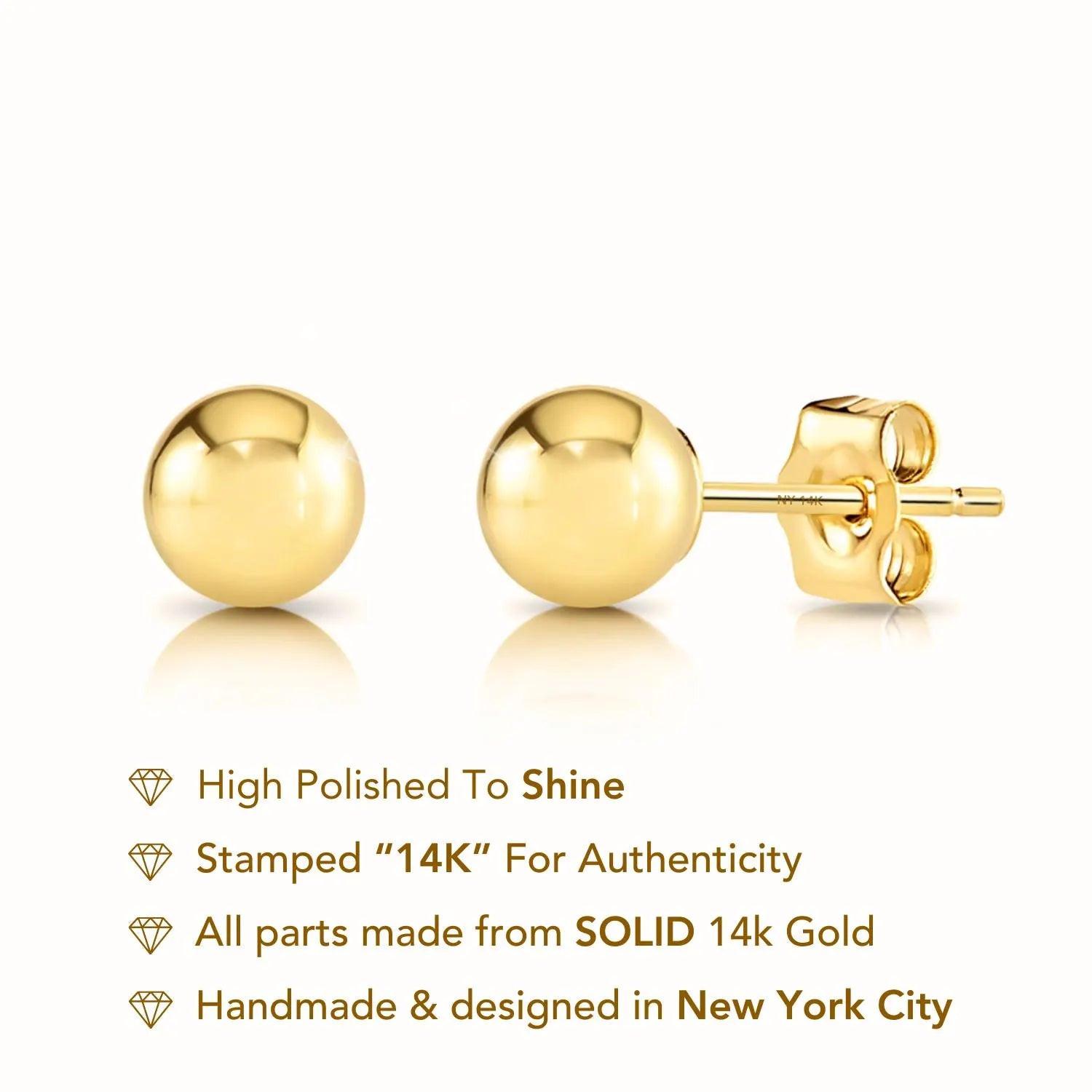 Elegant 14K Yellow Gold Ball Stud Earrings for All, Classic Design with Secure Butterfly Pushbacks, Available in 3mm to 8mm Sizes.
