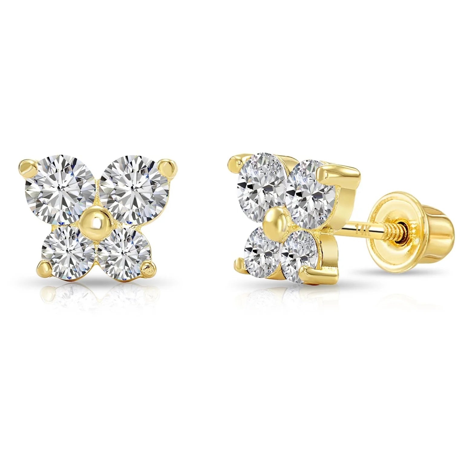 14K Solid Gold Butterfly CZ Stud Earrings, with Secure Screw-Backs
