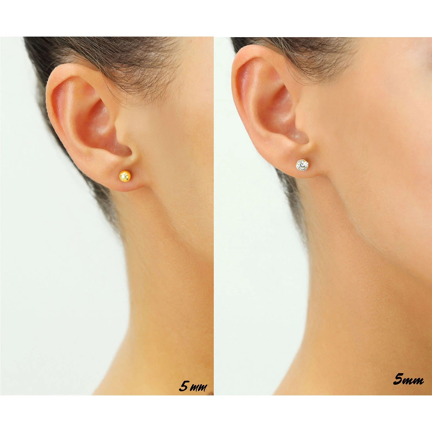 CZ 2 Pair Set! 14K Gold Ball and Cubic Zirconia Stud Earrings (5Mm)
