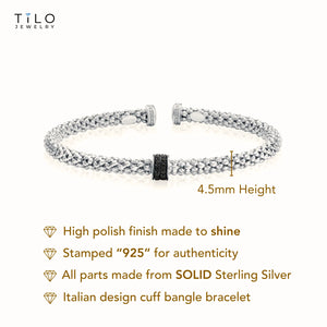 Sterling Silver Italian Black Onyx Cuff Bangle Bracelet, Fits 6"-7"