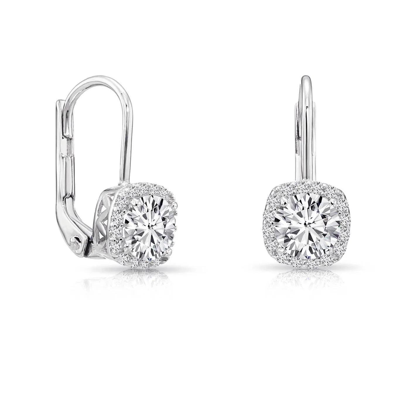 Stunning 14K Solid Gold Halo Cushion Drop Dangle Earrings with Secure Lever-Backs.