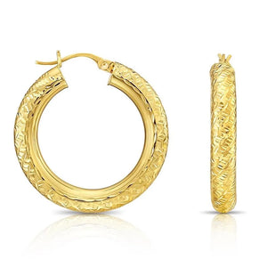 14K Yellow Gold Tornado Hoop Earrings, Bold 4Mm Chunky Gold Hoops, TILO Special Hand Engraved Designer Hoops, 1 Inch Hoops