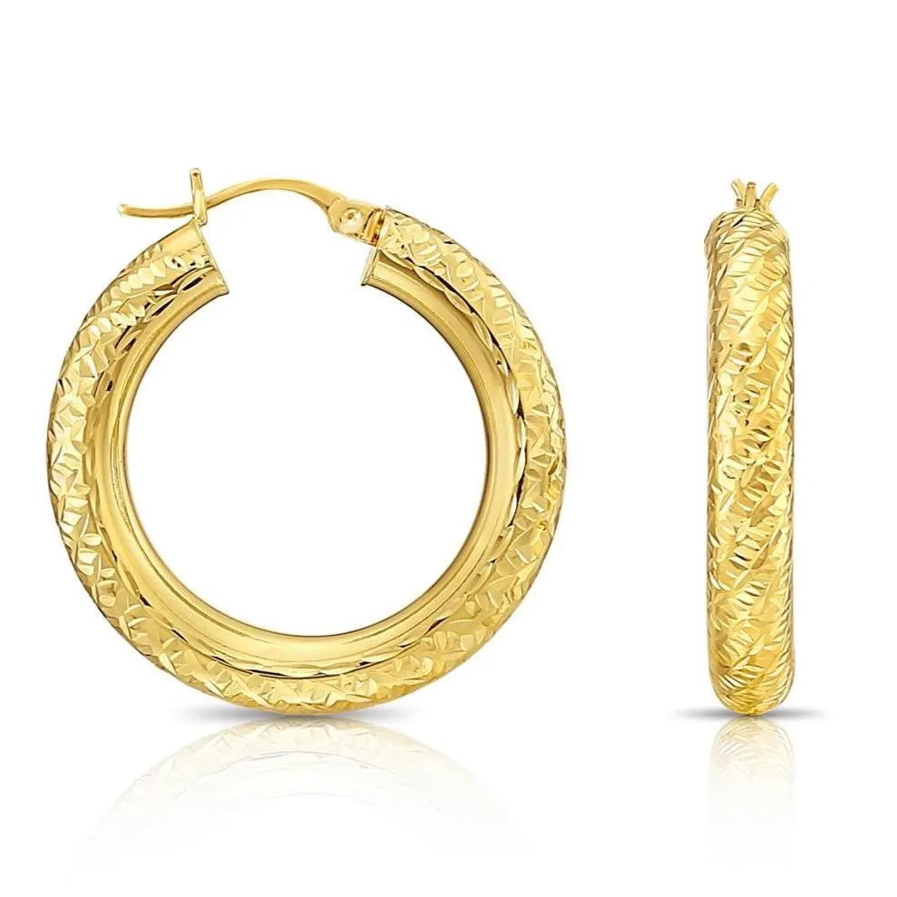 14K Yellow Gold Tornado Hoop Earrings, Bold 4Mm Chunky Gold Hoops, TILO Special Hand Engraved Designer Hoops, 1 Inch Hoops