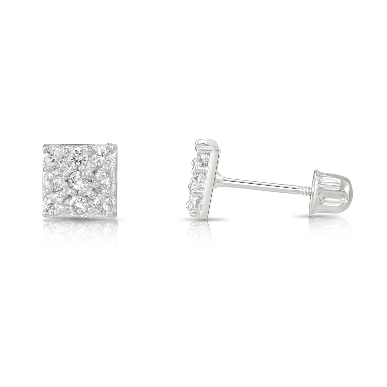 14K Gold Square CZ Stud Earrings, Screwback